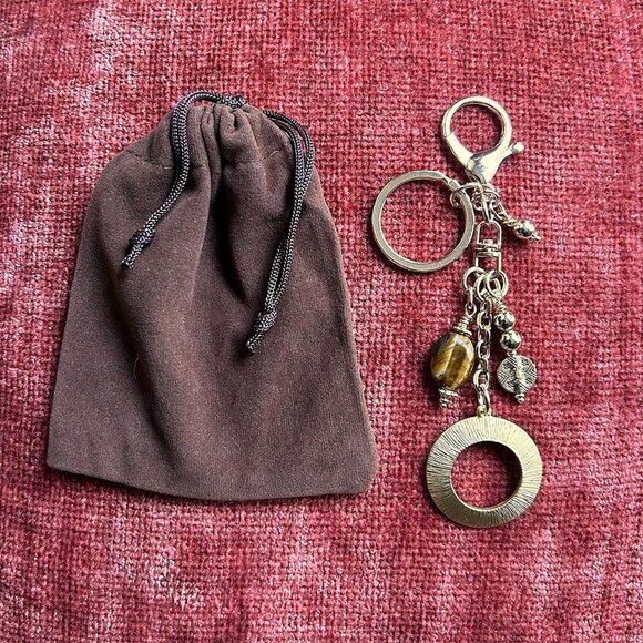 TIGER'S EYE CIRCLE Bag Charm Brown and Gold Tone 🐆 - Picture 1 of 8